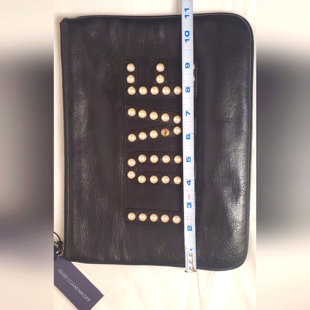 REBECCA MINKOFF-Clutch&Wristlet"LOVE"  leather black and pearls studs Bag - Picture 6 of 14